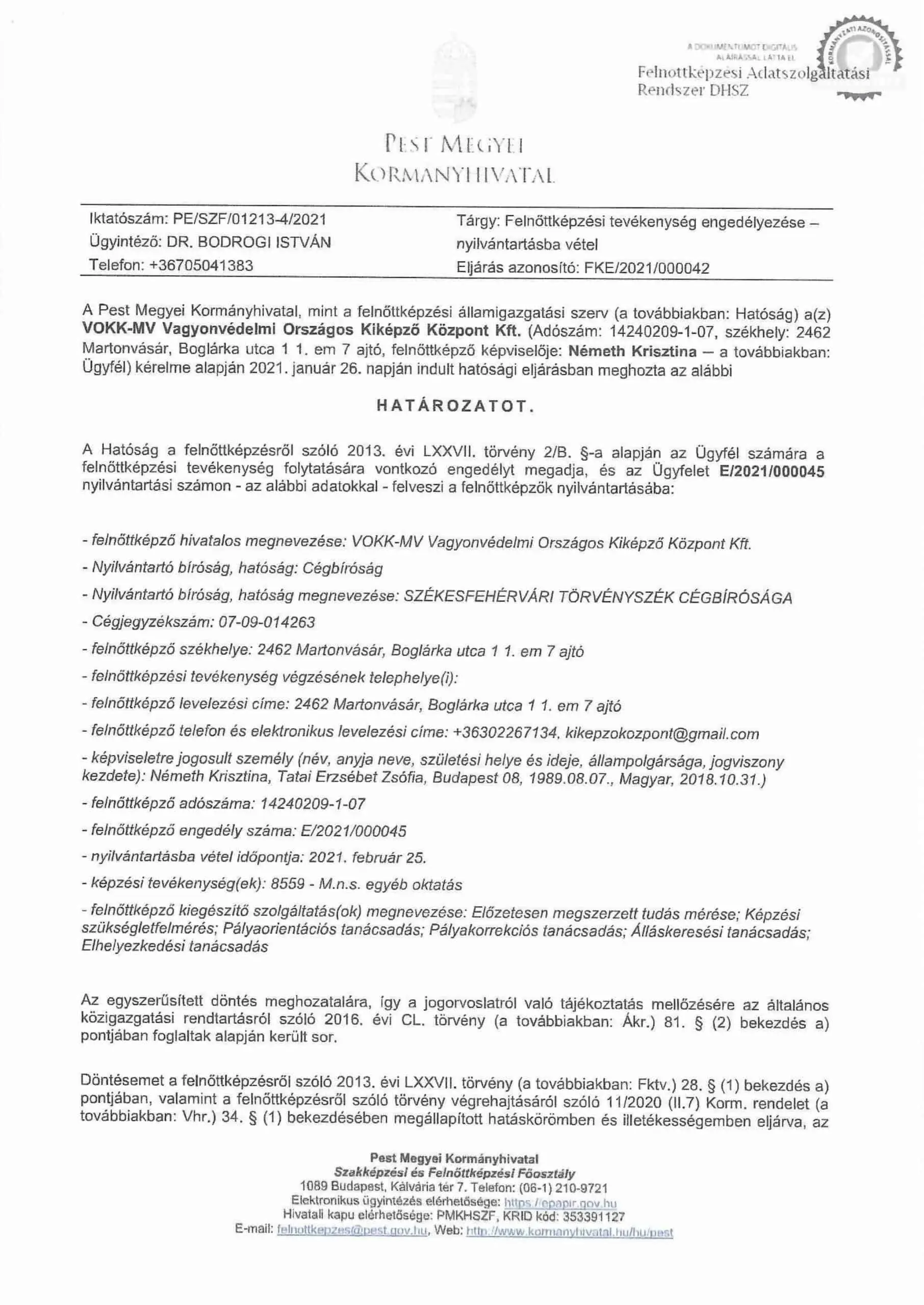 Engedélyezett vagyonőr tanfolyam (E/2021/000045) – Veszprém